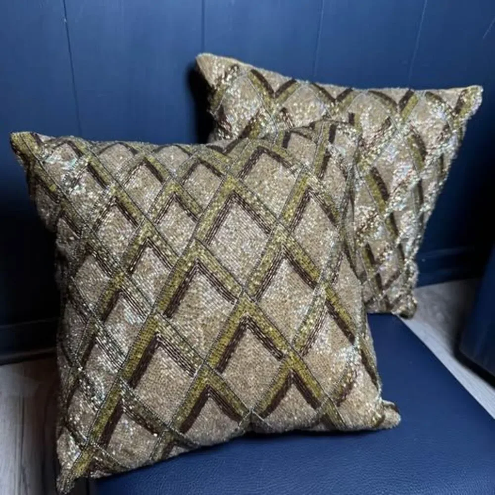 Set of 2 Pier 1 Gold Beaded Accent Throw Pillows 12x12 Geometric Diamond